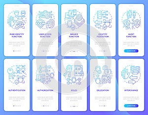 Identity management blue gradient onboarding mobile app screen set