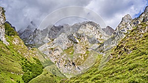 Idilic landscape Picos de Europa nestled in the Cantabrian Mountains.