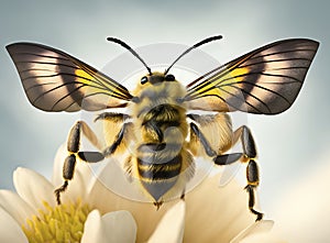 Idiom, Bee with Butterfly Wings Close-up on flower, created with Generative AI