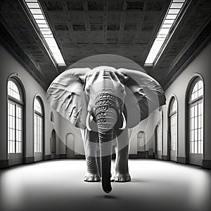 Idiom, There is an elephant in the room, Black and White Image, created with Generative AI