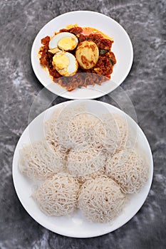 Idiyappam served with egg roast,