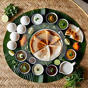 Idli Breakfast Delight: A Vibrant Spread of Idlis, Dosas, Vadas, and Chutneys photo