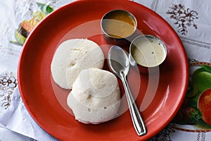 Idli or idly with coconut chutney breakfast of South India