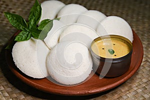 Idli or idly with coconut chutney breakfast of South India