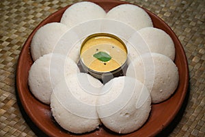 Idli or idly with coconut chutney breakfast of South India