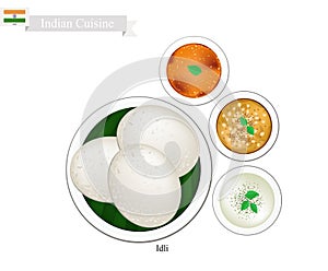 Idli or Indian Rice Cake with Sambar and Coconut Chutney photo