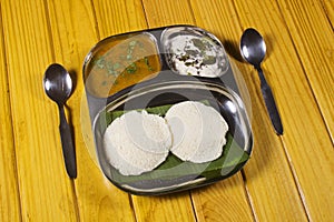 Idli Sambar and chutney. Traditional South Indian breakfast made of fermented rice and black gram batter