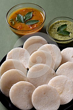 Idli with Sambar and coconut chutney, Indian Dish