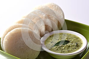 Idli with Sambar and coconut chutney, Indian Dish : south Indian favourite food rava idli or semolina idly or rava idly, served