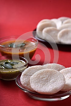 Idli with Sambar and coconut chutney, Indian Dish : south Indian favourite food rava idli or semolina idly or rava idly, served