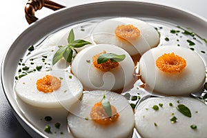 Idli, sambar, coconut and lime chutney, south indian breakfast on banana leaf