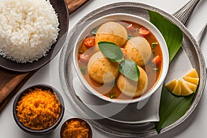 Idli, sambar, coconut and lime chutney, south indian breakfast on banana leaf