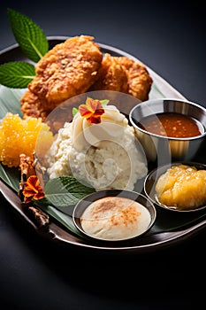 Idly sambar or Idli with Sambhar and red chutney. Popular South indian breakfast