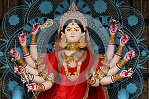 Idol of Goddess Devi Durga at a decorated puja pandal in Kolkata, West Bengal, India.