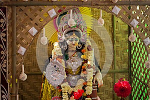 Idol of Hindu goddess Sarasvati being worshipped during Sarasvati puja festival in Bengal