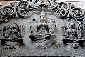 Idols on the inner wall of the Bhuleshwar Temple, Yawat, Maharashtra, India