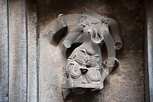 Idols on the inner wall of the Bhuleshwar Temple, Yawat, Maharashtra, India