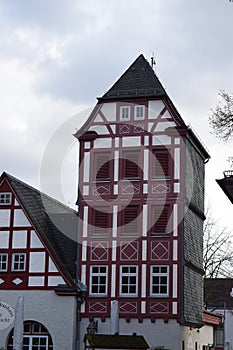 Idstein, Germany - 02 04 2023: old town buildings, half-timbered tower