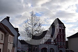 Idstein, Germany - 02 04 2023: half-timbered buildings in old town, one tower