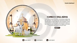 Idul Adha Sacrifice or Eid Al Adha Sacrifice background with animals and mosque