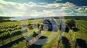 Idyllic aerial view of vineyard and villa in sunny rural landscape, ideal for farm banner