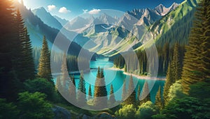 Idyllic Alpine Lake Enveloped by Verdant Forests and Rugged Peaks - AI generated digital art