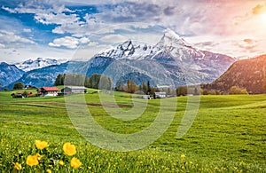 Idyllic alpine landscape with green meadows, farmhouses and snowcapped mountain tops