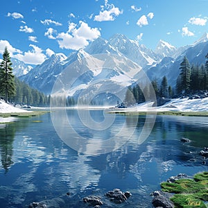 Idyllic alpine landscape Lake surrounded by snow capped peaks and forest