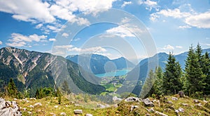 idyllic alpine landscape Tirol, view from Feilkopf mountain to lake Achensee