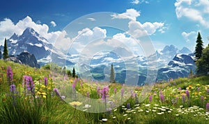 Idyllic alpine meadow filled with colorful wildflowers, with towering mountains as a backdrop. Created by AI tools