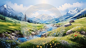 Idyllic alpine valley with flowing river and floral diversity. Wall art wallpaper