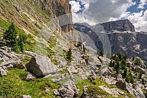 Idyllic Alps with rocky mountain and green hill