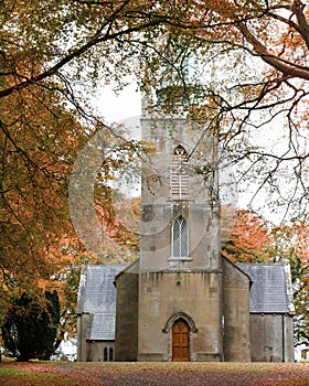 Idyllic autumn scene featuring Seaforde Church surrounded by golden-hued trees