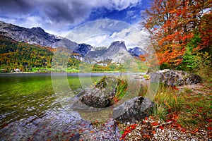 Idyllic autumn scene in Grundlsee lake in Alps mountains, Austria