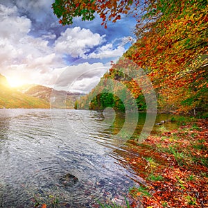 Idyllic autumn scene in Grundlsee lake in Alps mountains, Austria