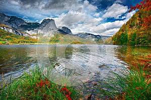 Idyllic autumn scene in Grundlsee lake in Alps mountains, Austria