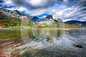 Idyllic autumn scene in Grundlsee lake in Alps mountains, Austria