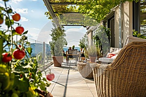 Idyllic Balcony Garden with Tomato Plants and comfortable seating area