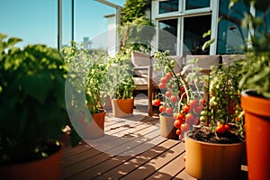 Idyllic Balcony Garden with Tomato Plants and comfortable seating area