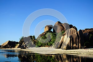 Idyllic beach with granitic rocks in Anse Argent, La Digue Island, Seychelles