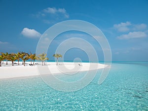 Idyllic Beach on Maldives on Meeru Island with Palm Trees