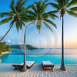 An idyllic beach and ocean landscape on a tropical island with palm trees and coconut trees in the sunset