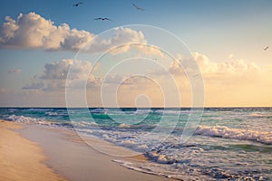 Idyllic beach with waves and sea birds flying in Cancun, Riviera Maya - Mexico