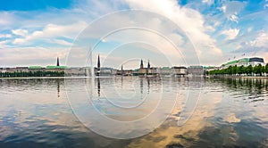 Idyllic Binnenalster in golden evening light at sunset, Hamburg, Germany