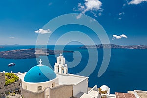 Idyllic blue dome white architecture Santorini island view in Greece. Travel, tourism destination, luxury scenic