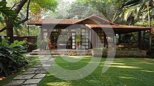 An idyllic bungalow nestled a the lush greenery offering the perfect escape for a restful slumber. 2d flat cartoon photo