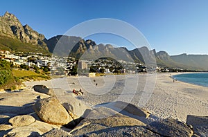 Idyllic Camps Bay beach and Table Mountain in Cape Town, South Africa