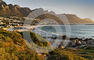 Idyllic Camps Bay beach and Table Mountain in Cape Town, South Africa