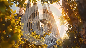 Idyllic Cathedral View Through Golden Autumn Leaves. Peaceful, Historic Architecture Bathed in Warm Light. Perfect for