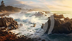 Idyllic coastline waves breaking, rocks, sunset, surf, cliffs, beauty generated by AI